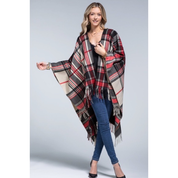 Scarlet Red Holiday Plaid Fringe Accent Knit Fall Winter Ruana Wrap Open Poncho - Picture 2 of 4